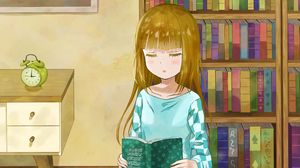 Preview wallpaper girl, book, reading, anime, art, cartoon
