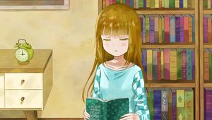 Preview wallpaper girl, book, reading, anime, art, cartoon