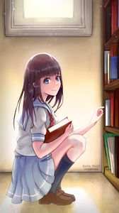 Preview wallpaper girl, books, glance, anime