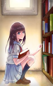 Preview wallpaper girl, books, glance, anime