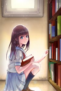 Preview wallpaper girl, books, glance, anime