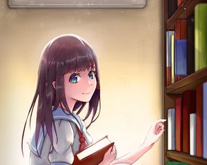 Preview wallpaper girl, books, glance, anime