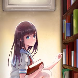 Preview wallpaper girl, books, glance, anime