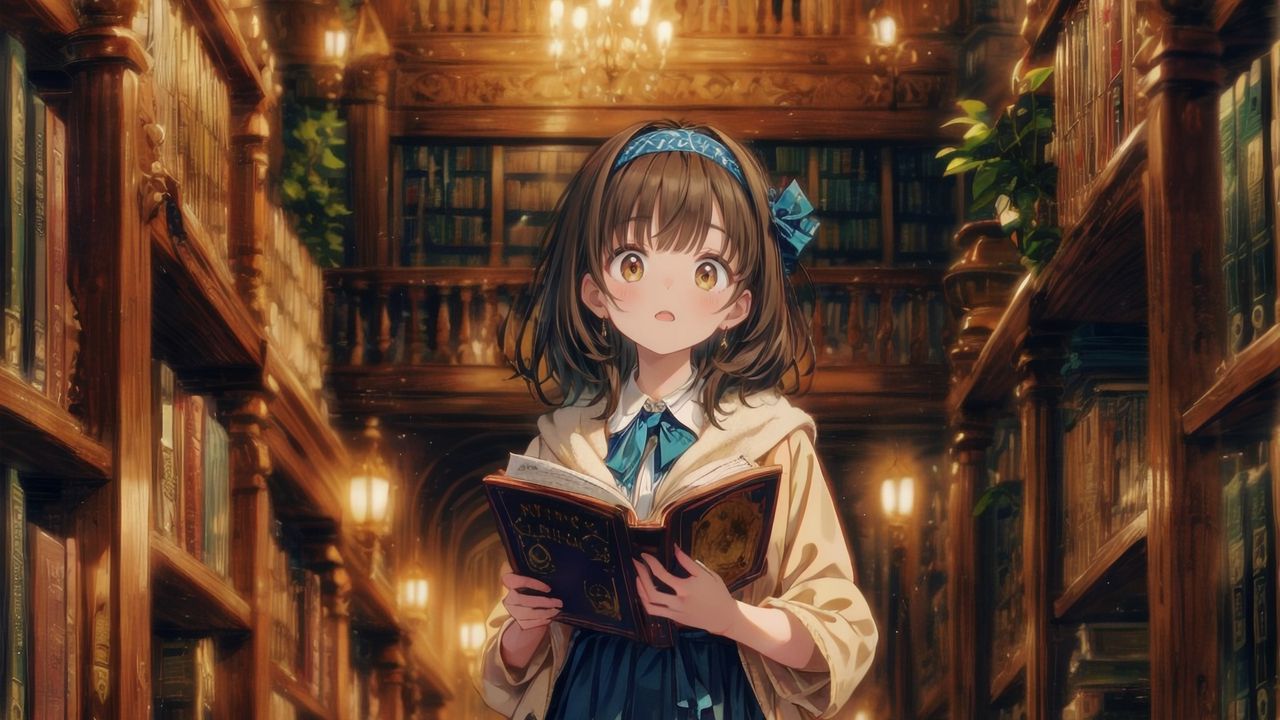 Wallpaper girl, books, library, art, anime