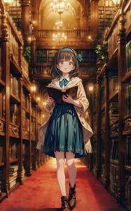 Preview wallpaper girl, books, library, art, anime