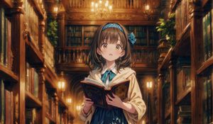 Preview wallpaper girl, books, library, art, anime