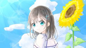 Preview wallpaper girl, bottle, sunflower, summer, anime, art
