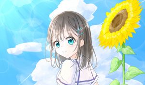 Preview wallpaper girl, bottle, sunflower, summer, anime, art