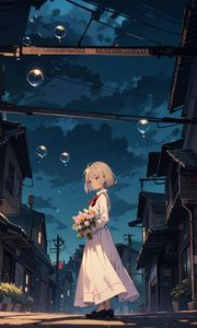 Preview wallpaper girl, bouquet, bubbles, street, anime, art