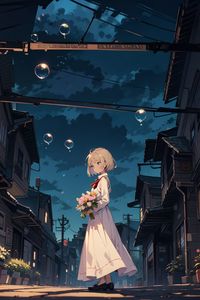 Preview wallpaper girl, bouquet, bubbles, street, anime, art