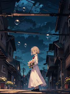 Preview wallpaper girl, bouquet, bubbles, street, anime, art