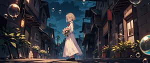 Preview wallpaper girl, bouquet, bubbles, street, anime, art