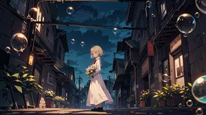 Preview wallpaper girl, bouquet, bubbles, street, anime, art