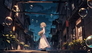 Preview wallpaper girl, bouquet, bubbles, street, anime, art