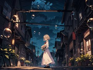 Preview wallpaper girl, bouquet, bubbles, street, anime, art