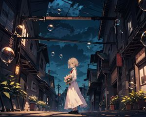 Preview wallpaper girl, bouquet, bubbles, street, anime, art
