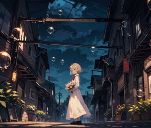 Preview wallpaper girl, bouquet, bubbles, street, anime, art