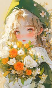 Preview wallpaper girl, bouquet, flowers, art, anime