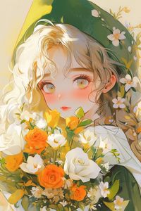 Preview wallpaper girl, bouquet, flowers, art, anime