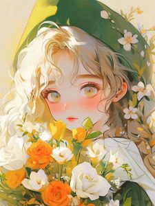 Preview wallpaper girl, bouquet, flowers, art, anime