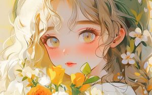 Preview wallpaper girl, bouquet, flowers, art, anime