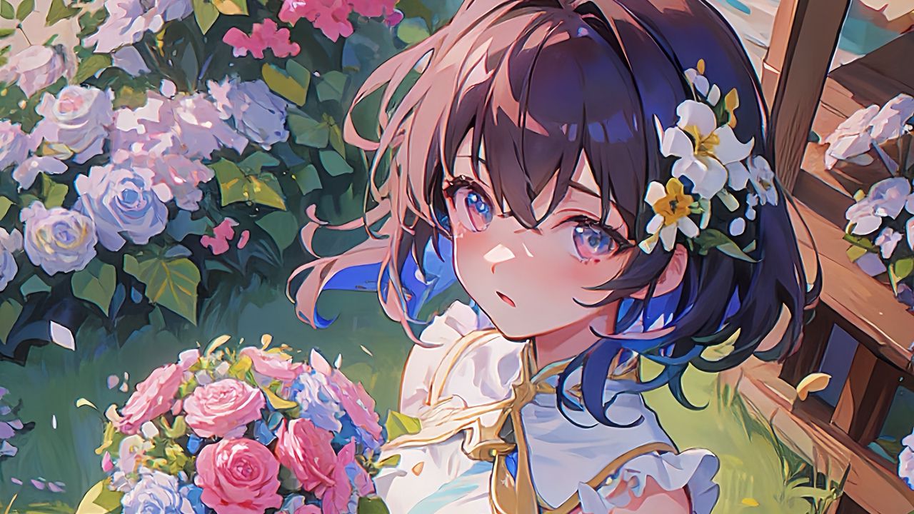 Wallpaper girl, bouquet, flowers, dress, summer, anime, art