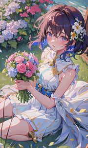 Preview wallpaper girl, bouquet, flowers, dress, summer, anime, art