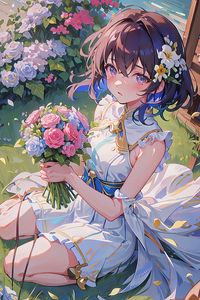 Preview wallpaper girl, bouquet, flowers, dress, summer, anime, art