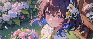 Preview wallpaper girl, bouquet, flowers, dress, summer, anime, art