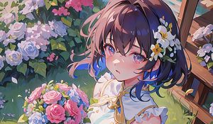 Preview wallpaper girl, bouquet, flowers, dress, summer, anime, art