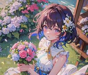 Preview wallpaper girl, bouquet, flowers, dress, summer, anime, art