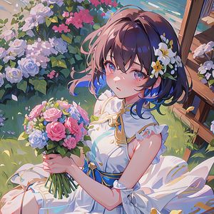 Preview wallpaper girl, bouquet, flowers, dress, summer, anime, art