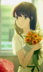 Preview wallpaper girl, bouquet, flowers, anime, art