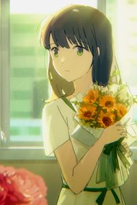 Preview wallpaper girl, bouquet, flowers, anime, art