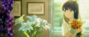 Preview wallpaper girl, bouquet, flowers, anime, art