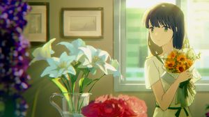 Preview wallpaper girl, bouquet, flowers, anime, art