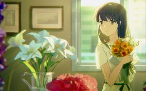 Preview wallpaper girl, bouquet, flowers, anime, art