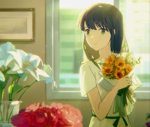 Preview wallpaper girl, bouquet, flowers, anime, art