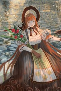 Preview wallpaper girl, bouquet, hat, dress, anime