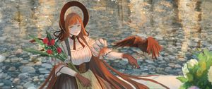 Preview wallpaper girl, bouquet, hat, dress, anime