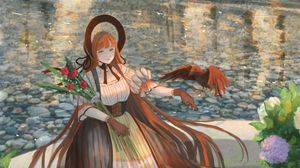 Preview wallpaper girl, bouquet, hat, dress, anime