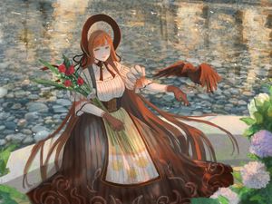 Preview wallpaper girl, bouquet, hat, dress, anime