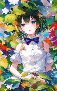 Preview wallpaper girl, bow, leaves, paint, art, anime