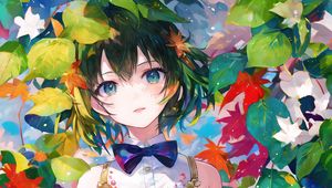 Preview wallpaper girl, bow, leaves, paint, art, anime