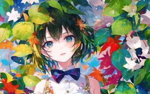 Preview wallpaper girl, bow, leaves, paint, art, anime