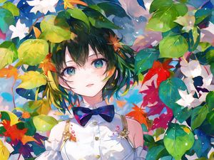 Preview wallpaper girl, bow, leaves, paint, art, anime