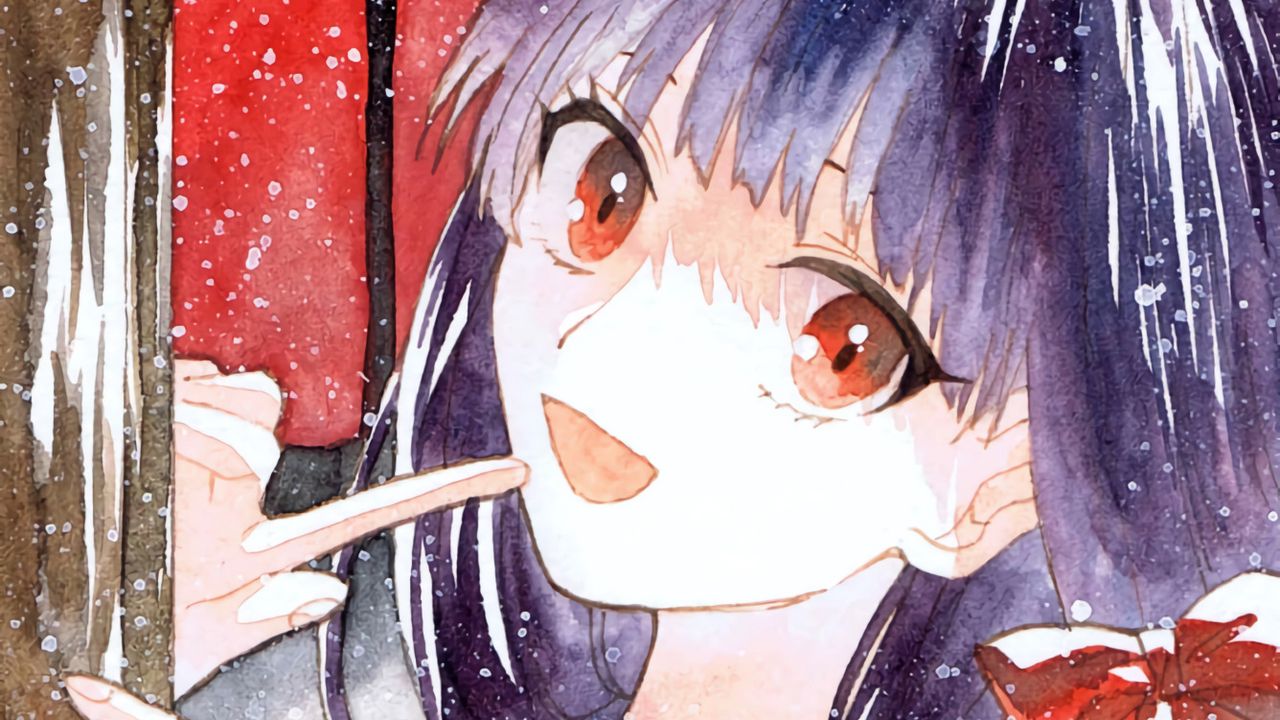 Wallpaper girl, bow, snow, watercolor, anime