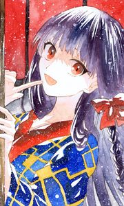 Preview wallpaper girl, bow, snow, watercolor, anime