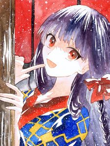 Preview wallpaper girl, bow, snow, watercolor, anime
