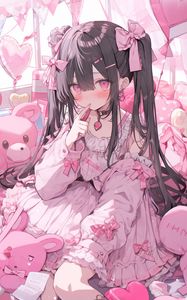 Preview wallpaper girl, bows, choker, pink, anime, art